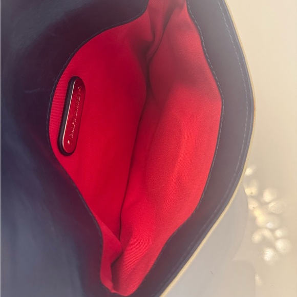 Ralph Lauren Purple Label Striped Canvas Crossbody | Navy & Cream | Red Interior - Picture 3 of 9